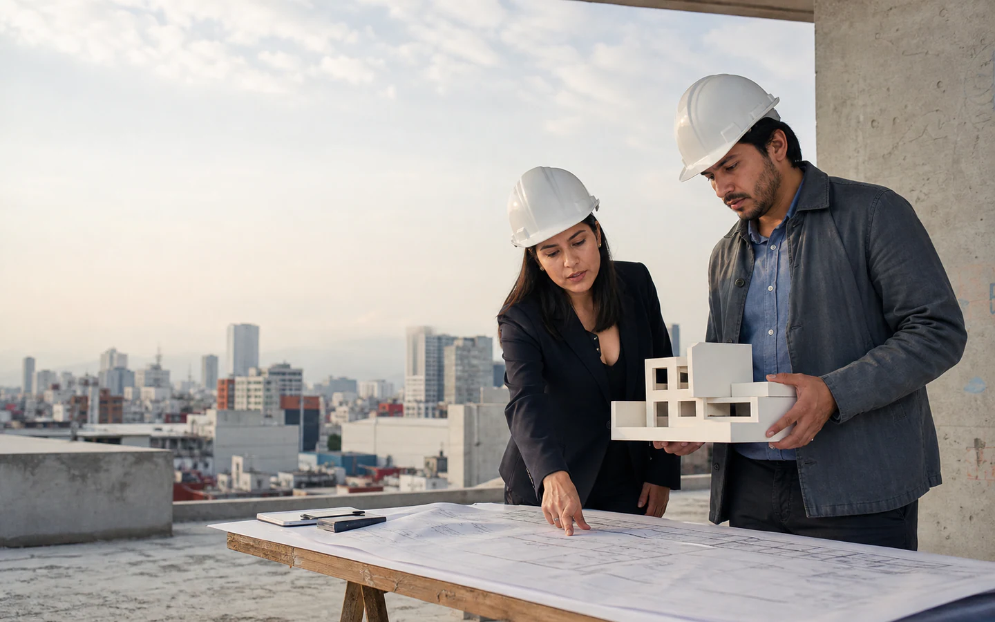 Abogada y arquitecto revisando planos para el cumplimiento de la normatividad inmobiliaria en México