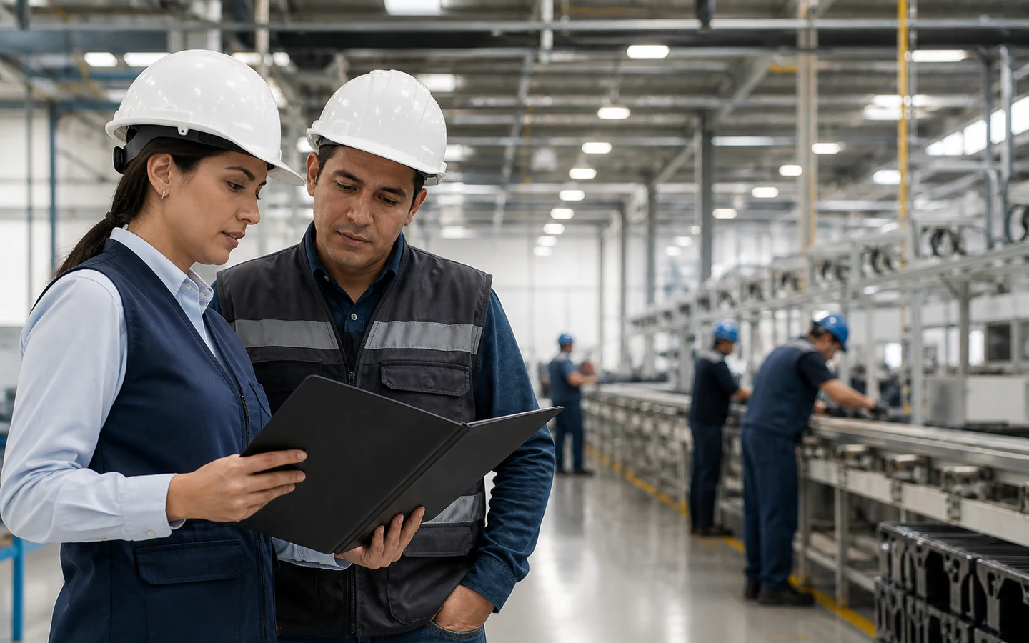Asesora jurídica y responsable operativo verificando servicios especializados en una planta industrial mexicana